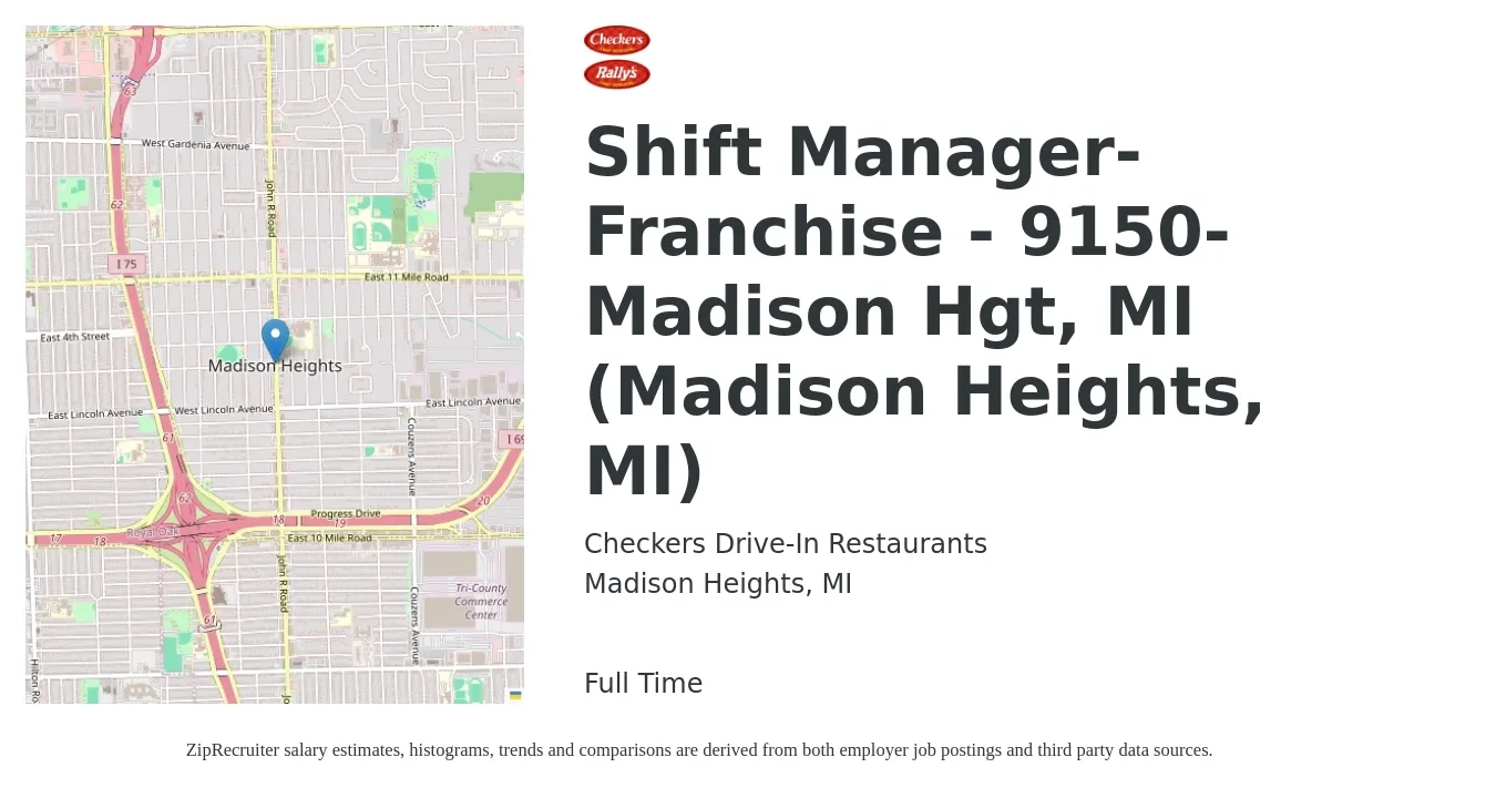 Checkers Drive-In Restaurants job posting for a Shift Manager-Franchise - 9150-Madison Hgt, MI (Madison Heights, MI) in Madison Heights, MI with a salary of $14 to $18 Hourly with a map of Madison Heights location.