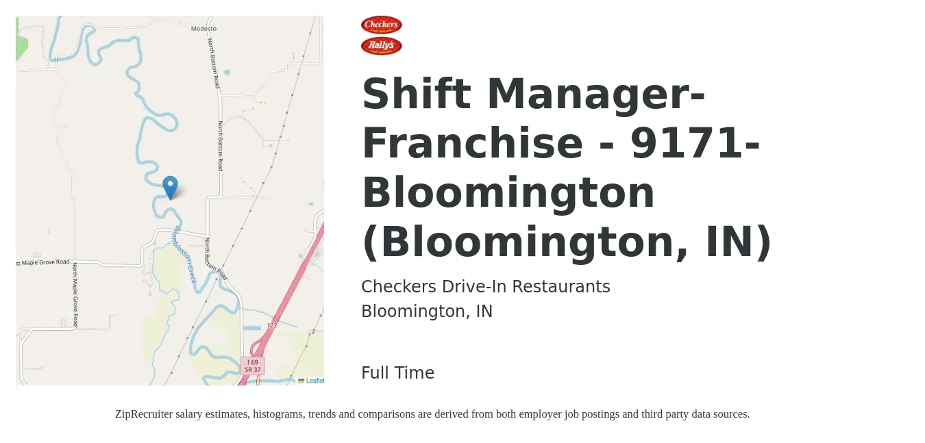 Checkers Drive-In Restaurants job posting for a Shift Manager-Franchise - 9171-Bloomington (Bloomington, IN) in Bloomington, IN with a salary of $13 to $16 Hourly with a map of Bloomington location.