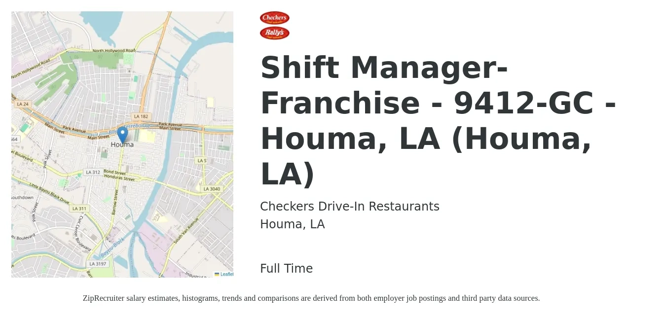 Checkers Drive-In Restaurants, Inc. job posting for a Shift Manager-Franchise - 9412-GC -Houma, LA (Houma, LA) in Houma, LA with a salary of $14 to $18 Hourly with a map of Houma location.
