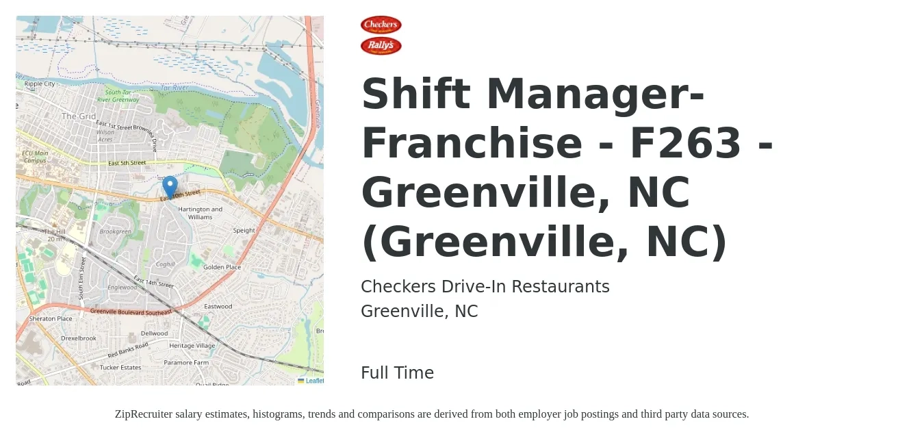 Checkers Drive-In Restaurants job posting for a Shift Manager-Franchise - F263 - Greenville, NC (Greenville, NC) in Greenville, NC with a salary of $14 to $17 Hourly with a map of Greenville location.