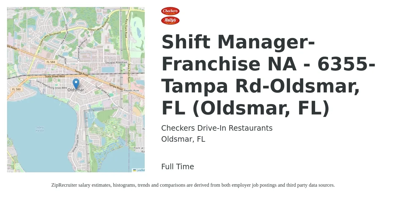Checkers Drive-In Restaurants job posting for a Shift Manager-Franchise NA - 6355-Tampa Rd-Oldsmar, FL (Oldsmar, FL) in Oldsmar, FL with a salary of $14 to $18 Hourly with a map of Oldsmar location.