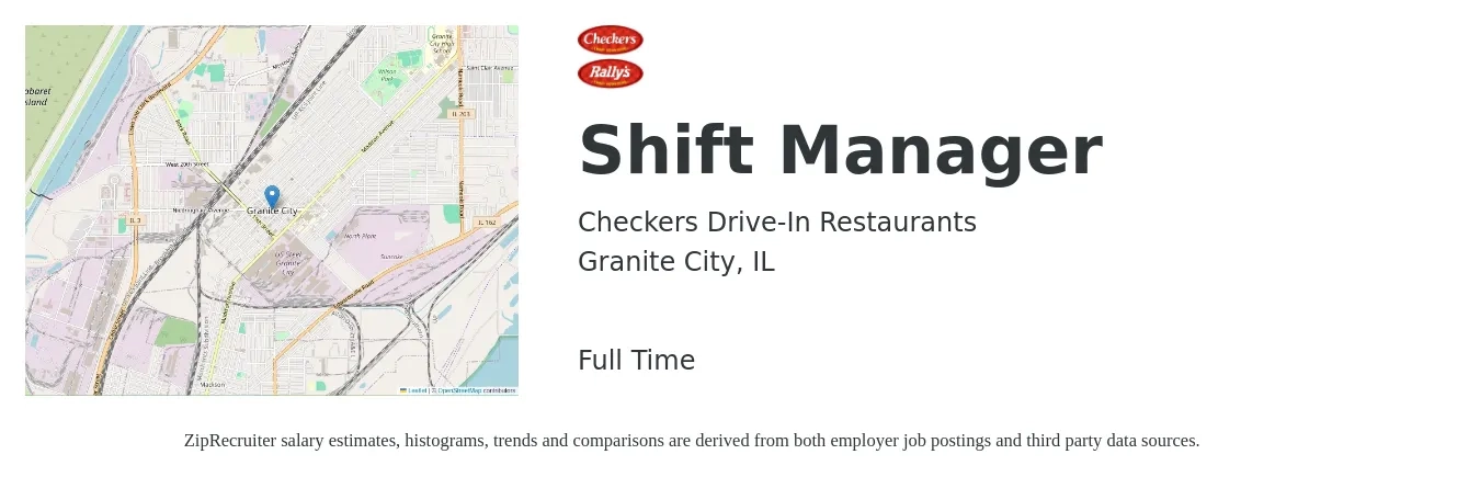 Checkers Drive-In Restaurants job posting for a Shift Manager in Granite City, IL with a salary of $14 to $18 Hourly with a map of Granite City location.