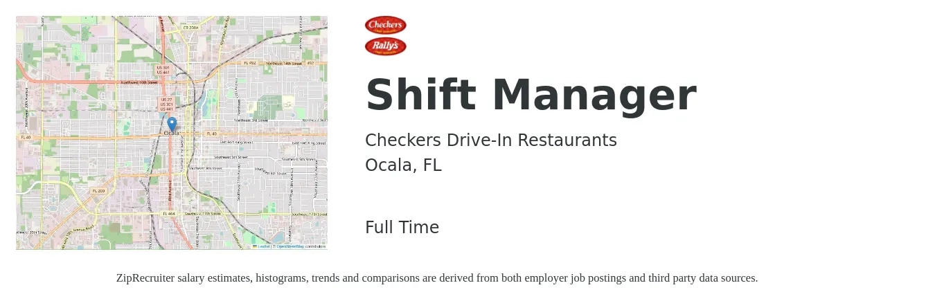 Checkers Drive-In Restaurants, Inc. job posting for a Shift Manager in Ocala, FL with a salary of $14 to $17 Hourly with a map of Ocala location.
