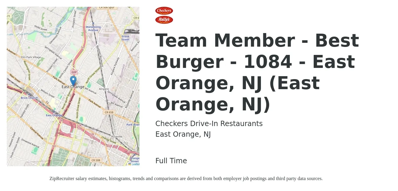 Checkers Drive-In Restaurants, Inc. job posting for a Team Member - Best Burger - 1084 - East Orange, NJ (East Orange, NJ) in East Orange, NJ with a salary of $12 to $16 Hourly with a map of East Orange location.