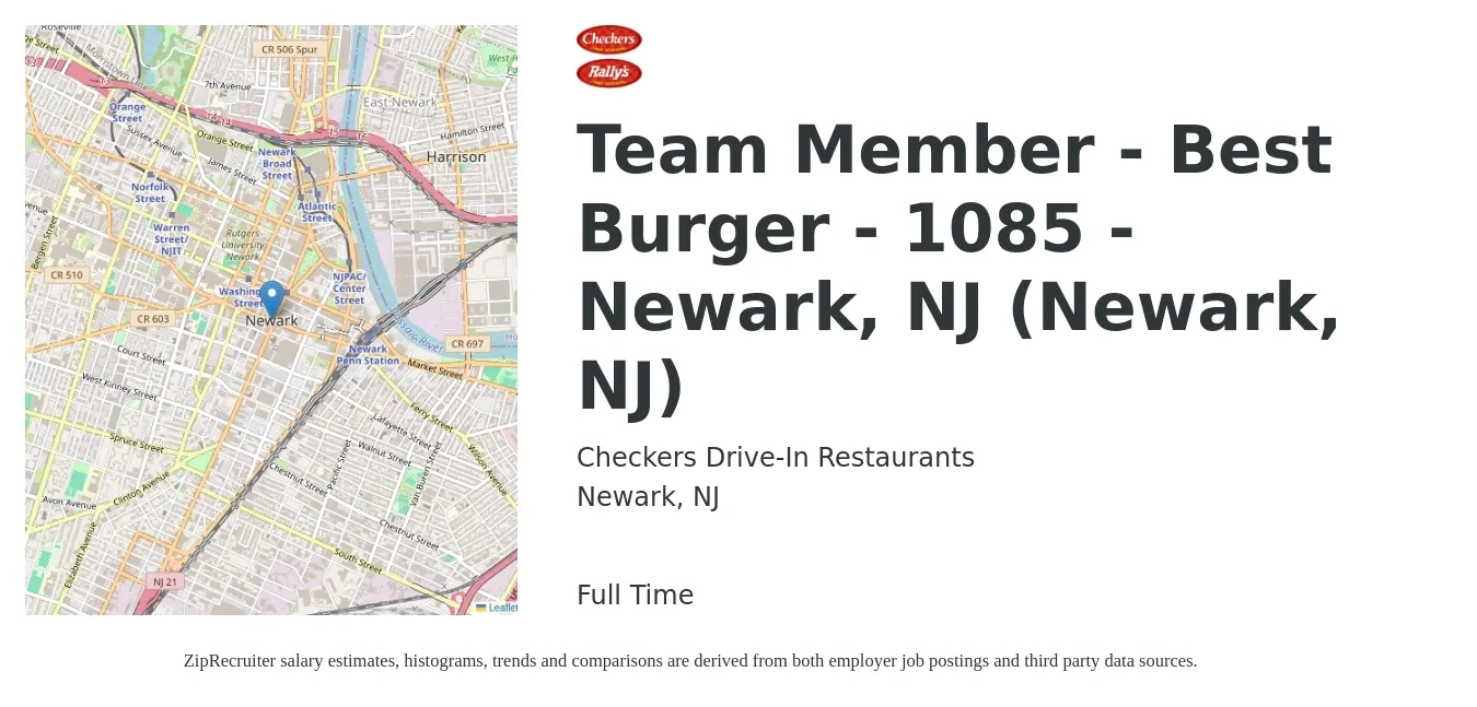 Checkers Drive-In Restaurants, Inc. job posting for a Team Member - Best Burger - 1085 - Newark, NJ (Newark, NJ) in Newark, NJ with a salary of $12 to $16 Hourly with a map of Newark location.