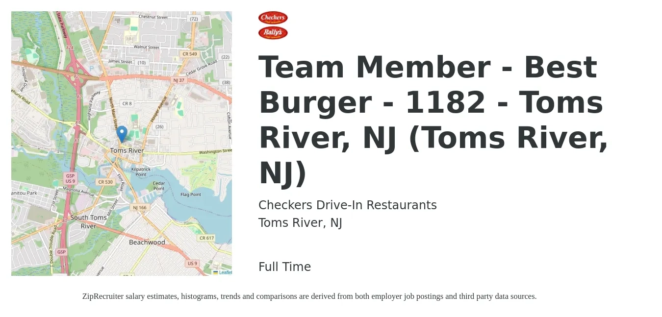 Checkers Drive-In Restaurants, Inc. job posting for a Team Member - Best Burger - 1182 - Toms River, NJ (Toms River, NJ) in Toms River, NJ with a salary of $12 to $19 Hourly with a map of Toms River location.