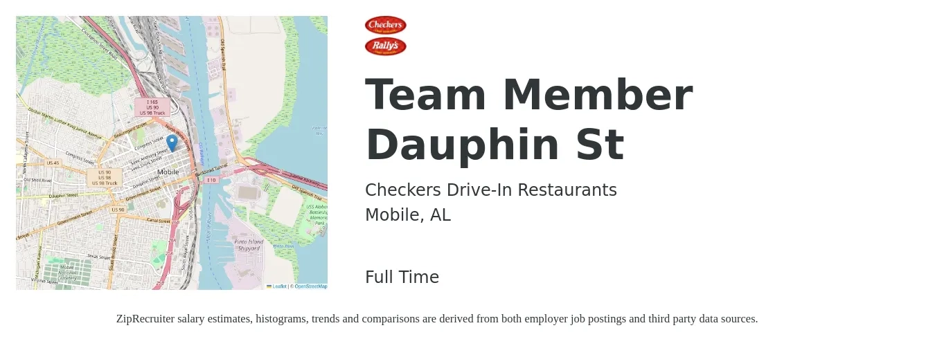 Checkers Drive-In Restaurants job posting for a Team Member Dauphin St in Mobile, AL with a salary of $10 to $13 Hourly with a map of Mobile location.