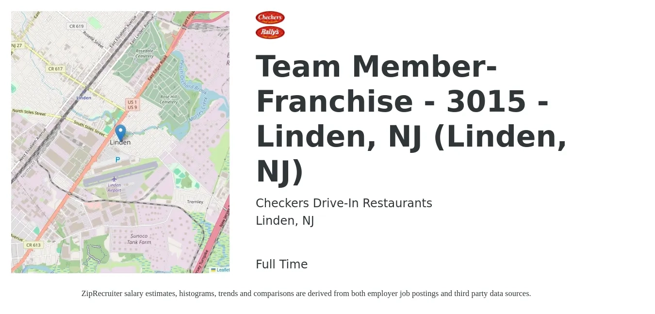 Checkers Drive-In Restaurants job posting for a Team Member-Franchise - 3015 - Linden, NJ (Linden, NJ) in Linden, NJ with a salary of $13 to $20 Hourly with a map of Linden location.