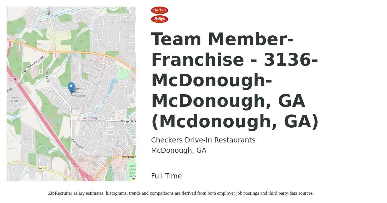 Checkers Drive-In Restaurants job posting for a Team Member-Franchise - 3136-McDonough-McDonough, GA (Mcdonough, GA) in McDonough, GA with a salary of $14 to $16 Hourly with a map of McDonough location.