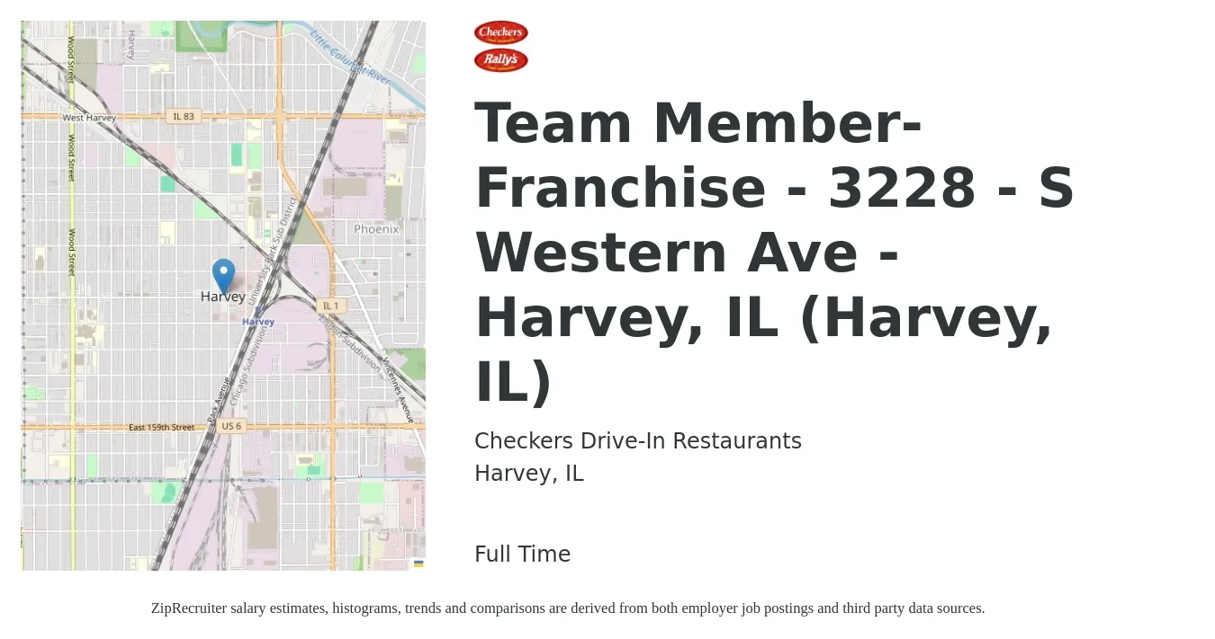 Checkers Drive-In Restaurants, Inc. job posting for a Team Member-Franchise - 3228 - S Western Ave - Harvey, IL (Harvey, IL) in Harvey, IL with a salary of $12 to $19 Hourly with a map of Harvey location.