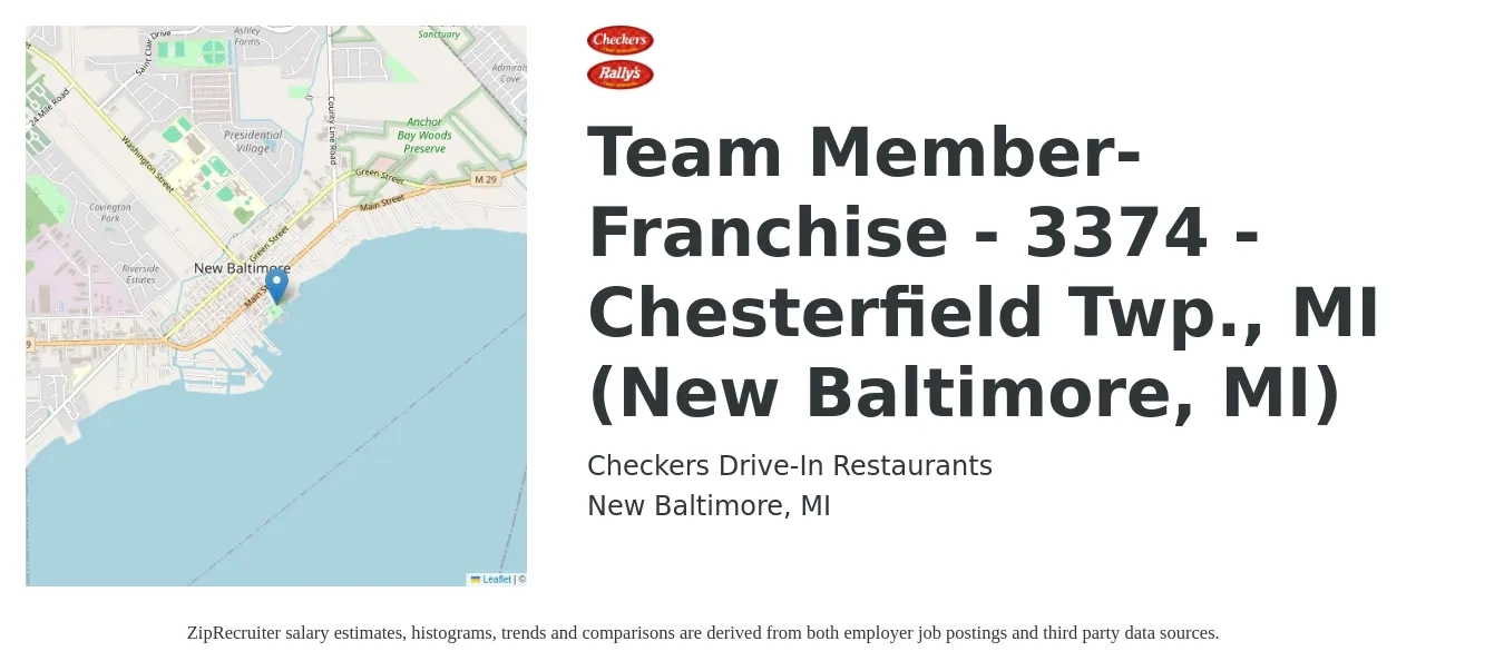 Checkers Drive-In Restaurants job posting for a Team Member-Franchise - 3374 - Chesterfield Twp., MI (New Baltimore, MI) in New Baltimore, MI with a salary of $11 to $14 Hourly with a map of New Baltimore location.