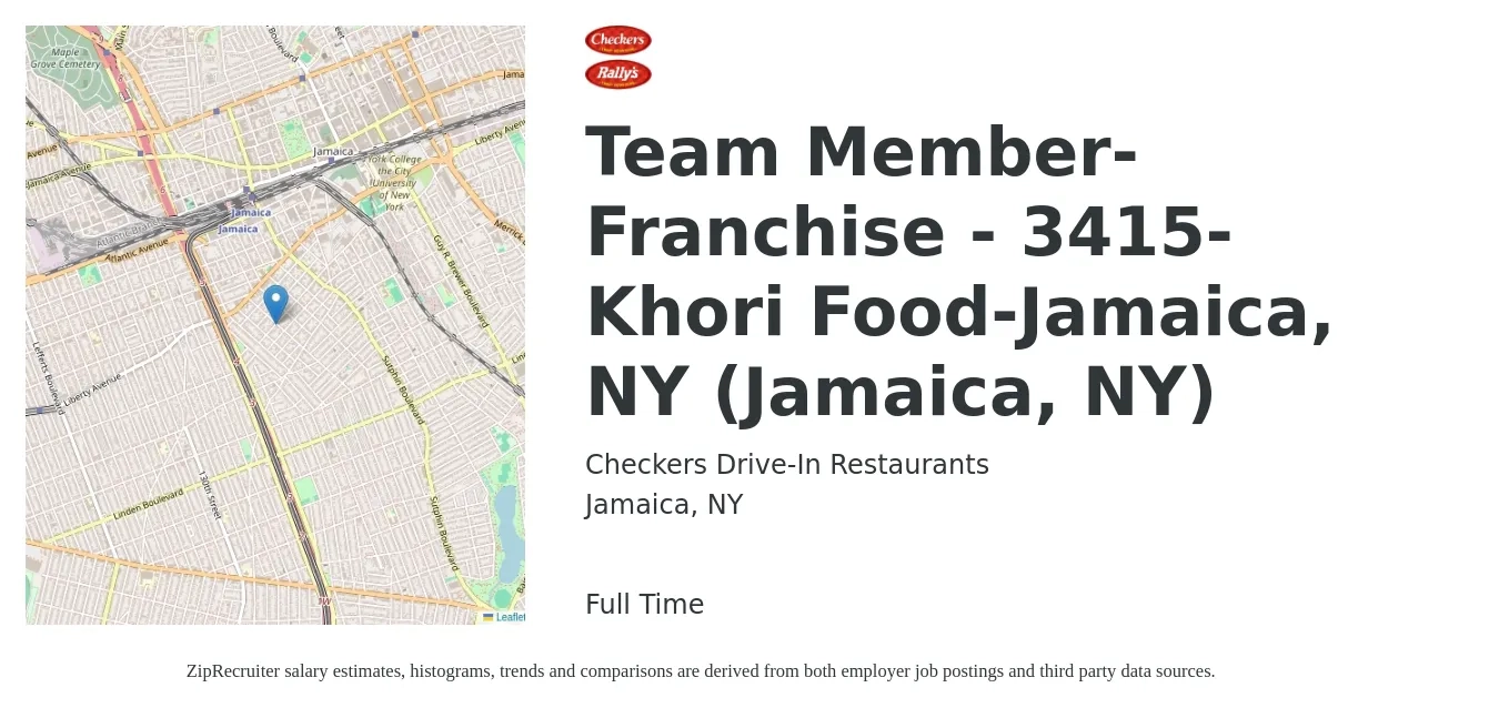 Checkers Drive-In Restaurants, Inc. job posting for a Team Member-Franchise - 3415-Khori Food-Jamaica, NY (Jamaica, NY) in Jamaica, NY with a salary of $12 to $16 Hourly with a map of Jamaica location.