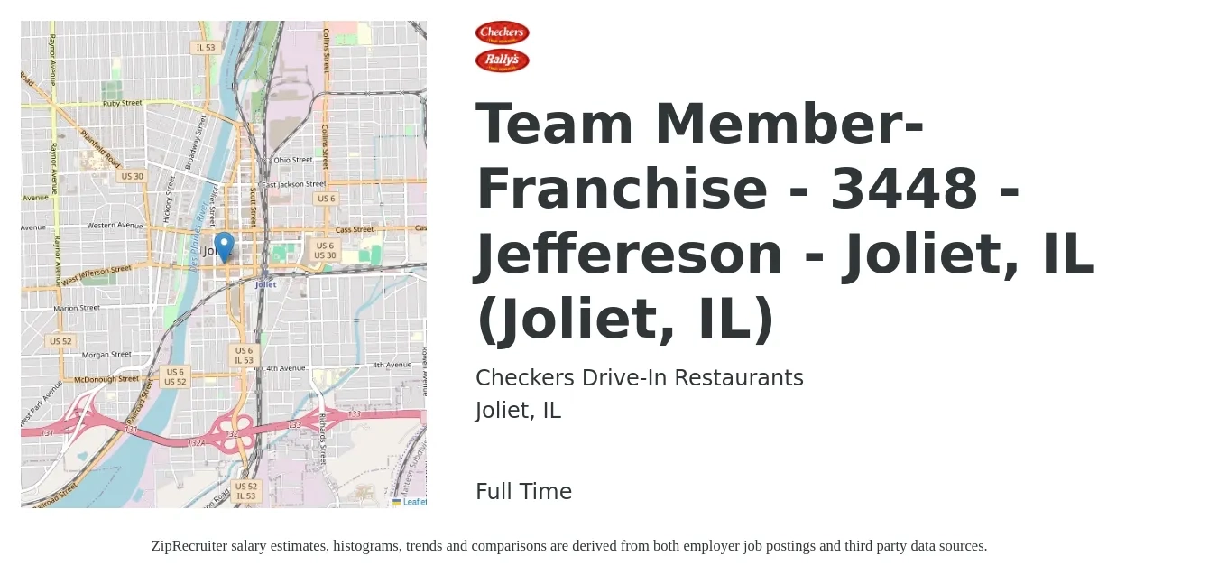 Checkers Drive-In Restaurants job posting for a Team Member-Franchise - 3448 - Jeffereson - Joliet, IL (Joliet, IL) in Joliet, IL with a salary of $11 to $14 Hourly with a map of Joliet location.