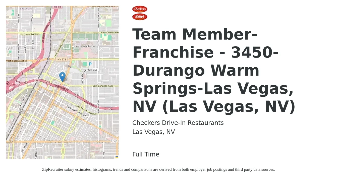 Checkers Drive-In Restaurants job posting for a Team Member-Franchise - 3450-Durango Warm Springs-Las Vegas, NV (Las Vegas, NV) in Las Vegas, NV with a map of Las Vegas location.