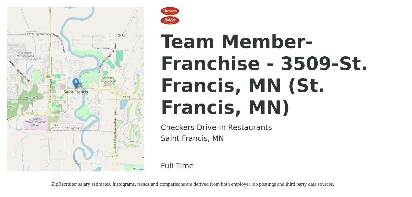 Checkers Drive-In Restaurants, Inc. job posting for a Team Member-Franchise - 3509-St. Francis, MN (St. Francis, MN) in Saint Francis, MN with a salary of $12 to $16 Hourly with a map of Saint Francis location.