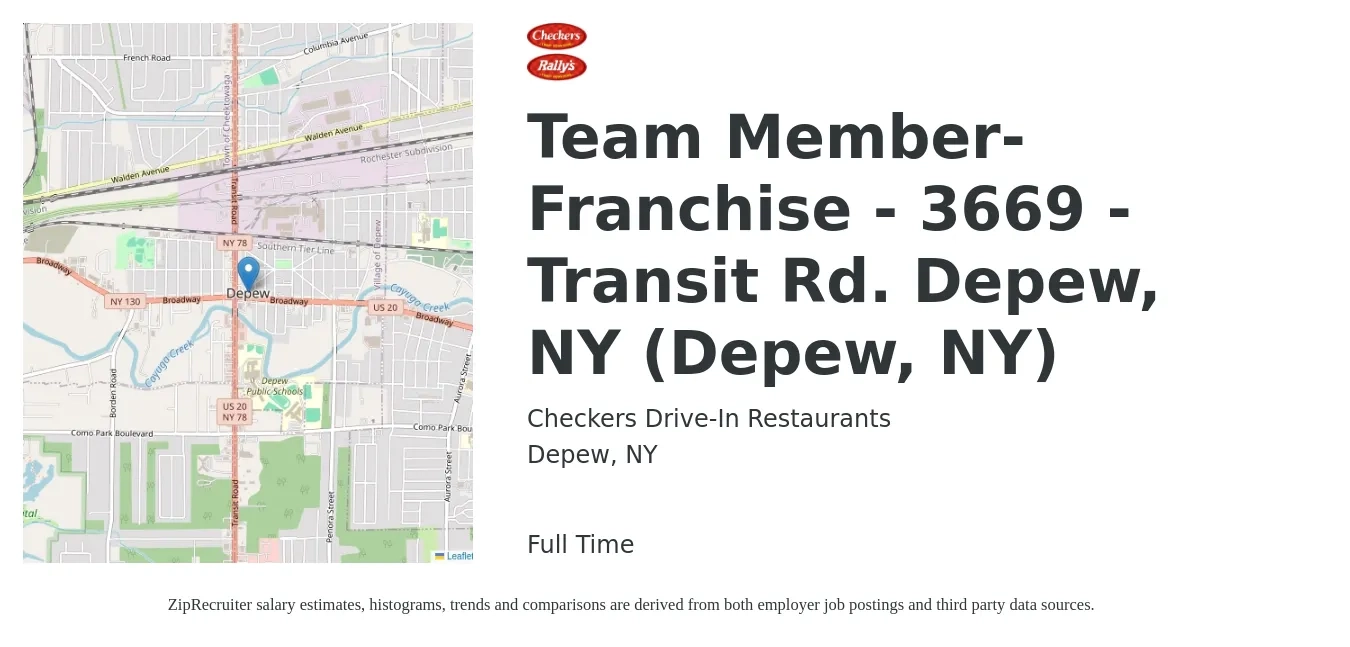 Checkers Drive-In Restaurants, Inc. job posting for a Team Member-Franchise - 3669 - Transit Rd. Depew, NY (Depew, NY) in Depew, NY with a salary of $12 to $19 Hourly with a map of Depew location.