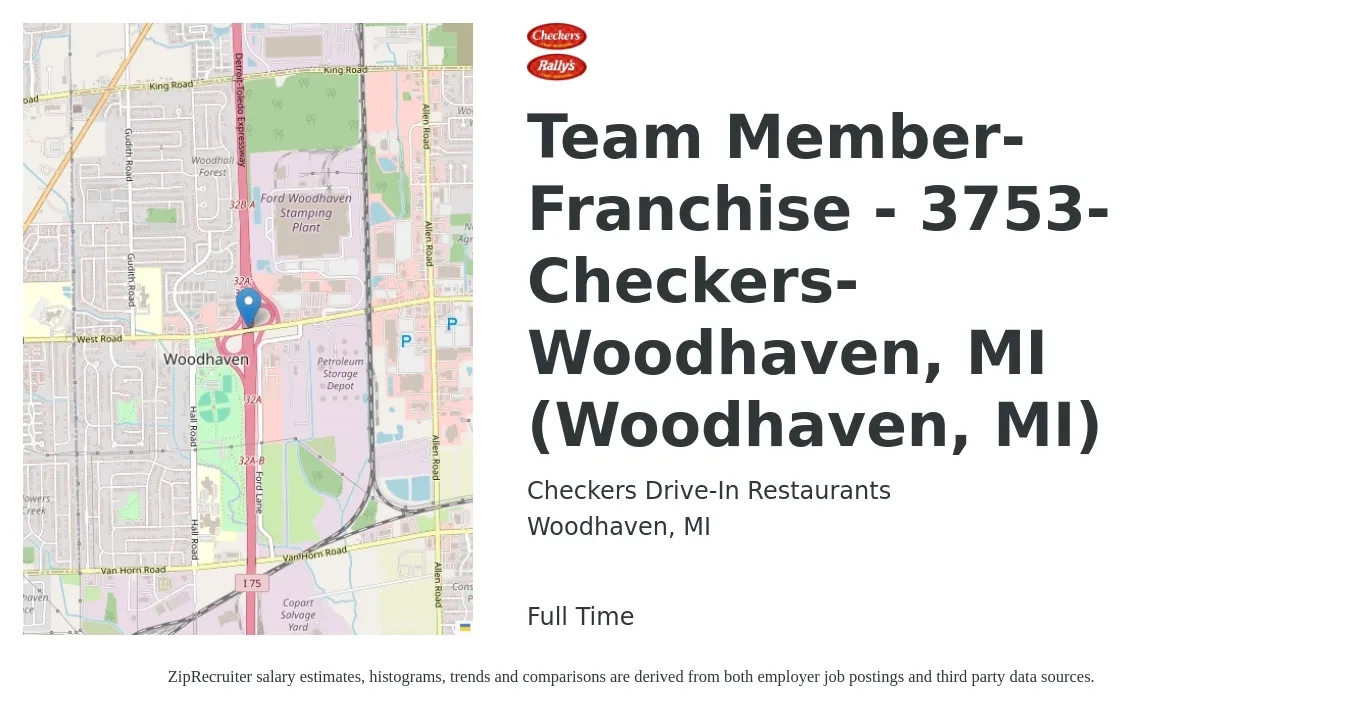 Checkers Drive-In Restaurants job posting for a Team Member-Franchise - 3753-Checkers-Woodhaven, MI (Woodhaven, MI) in Woodhaven, MI with a salary of $11 to $14 Hourly with a map of Woodhaven location.