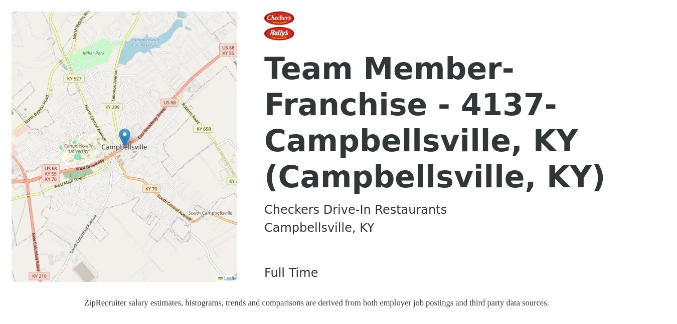 Checkers Drive-In Restaurants job posting for a Team Member-Franchise - 4137-Campbellsville, KY (Campbellsville, KY) in Campbellsville, KY with a salary of $11 to $14 Hourly with a map of Campbellsville location.