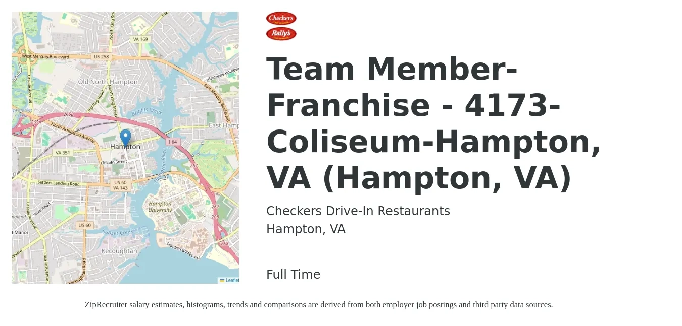 Checkers Drive-In Restaurants job posting for a Team Member-Franchise - 4173-Coliseum-Hampton, VA (Hampton, VA) in Hampton, VA with a salary of $11 to $14 Hourly with a map of Hampton location.