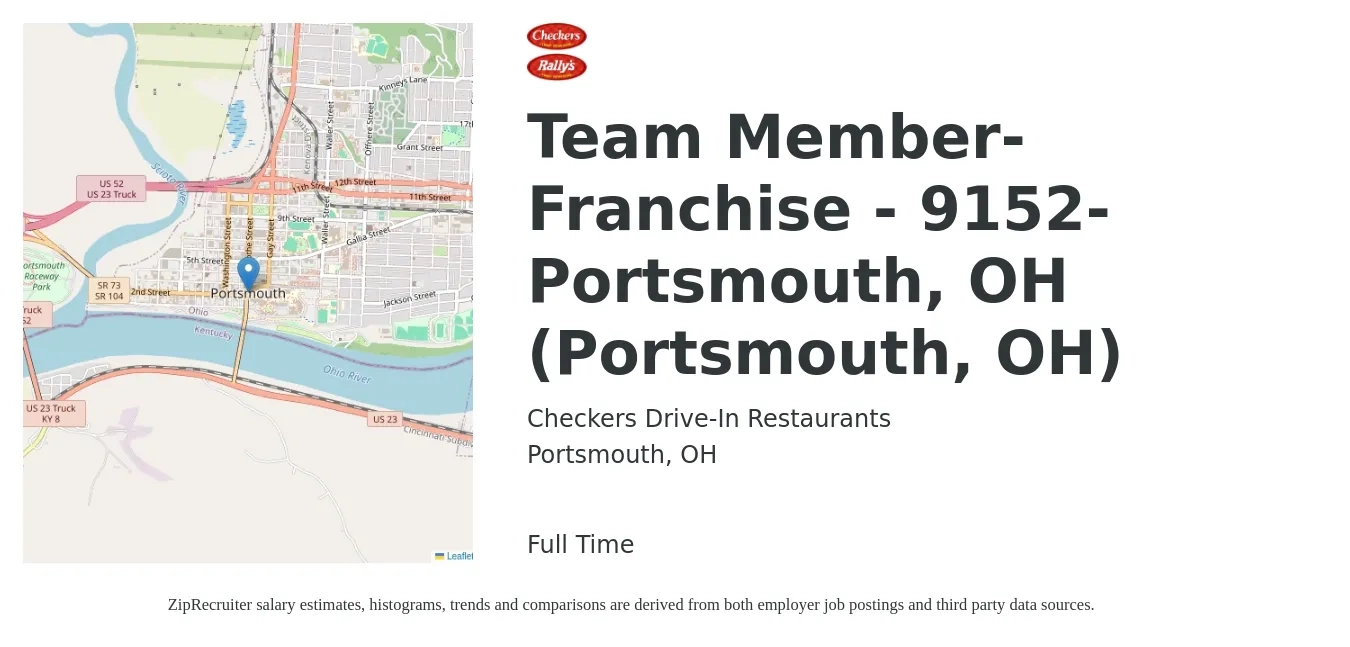 Checkers Drive-In Restaurants, Inc. job posting for a Team Member-Franchise - 9152-Portsmouth, OH (Portsmouth, OH) in Portsmouth, OH with a salary of $10 to $13 Hourly with a map of Portsmouth location.
