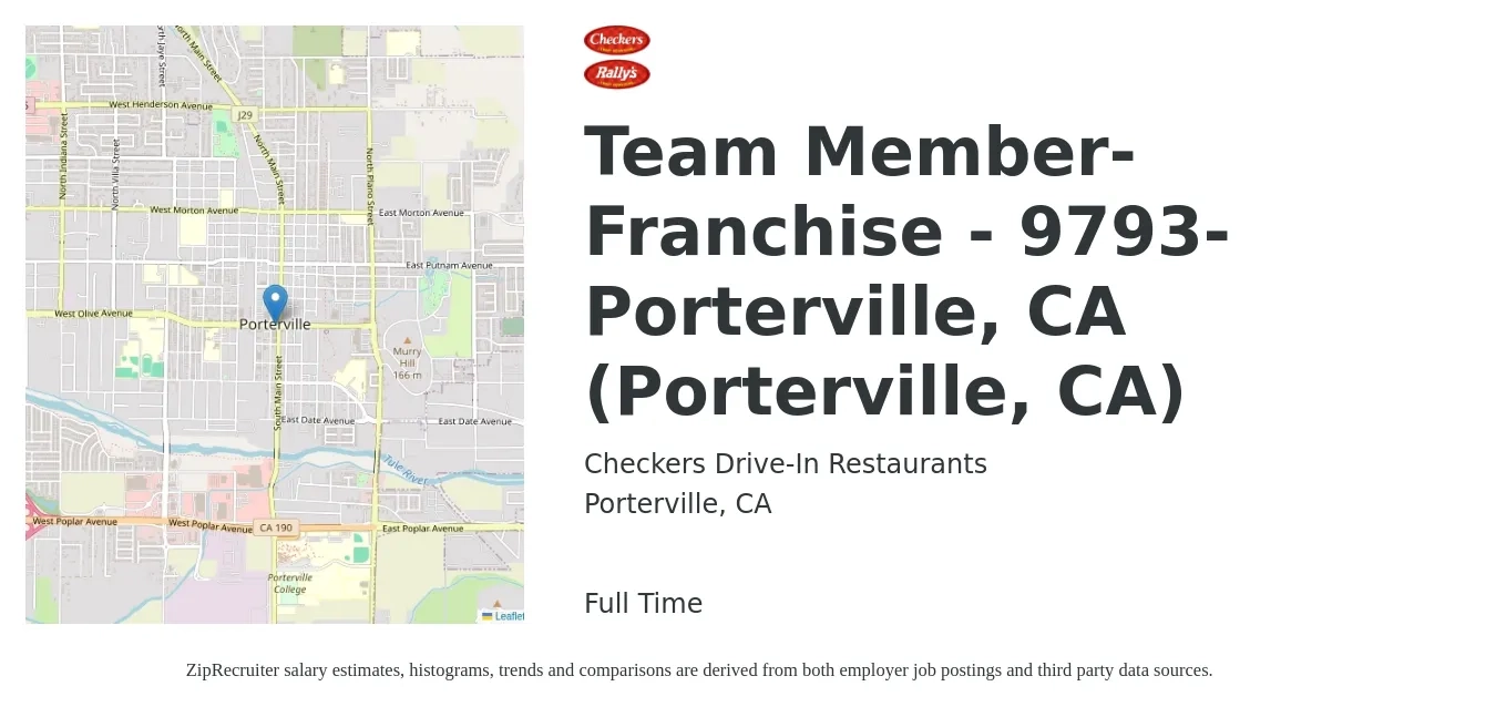 Checkers Drive-In Restaurants job posting for a Team Member-Franchise - 9793-Porterville, CA (Porterville, CA) in Porterville, CA with a salary of $11 to $16 Hourly with a map of Porterville location.