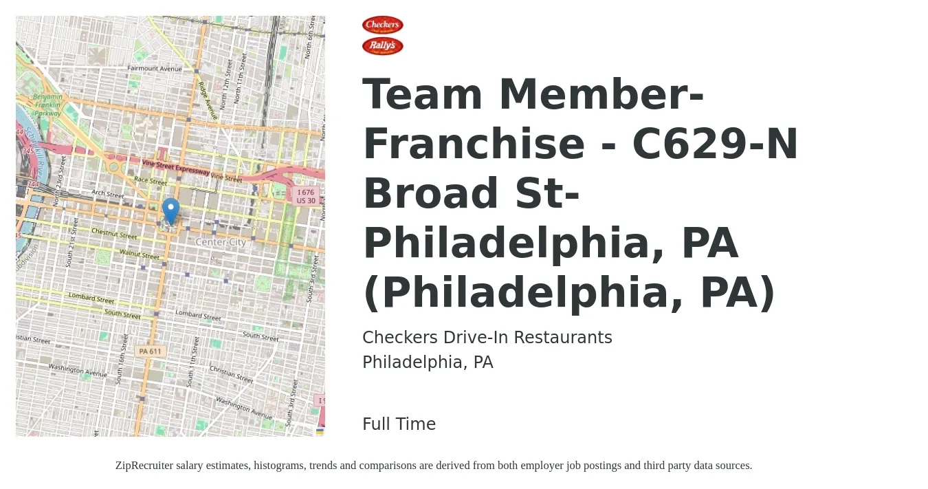 Checkers Drive-In Restaurants job posting for a Team Member-Franchise - C629-N Broad St-Philadelphia, PA (Philadelphia, PA) in Philadelphia, PA with a salary of $12 to $16 Hourly with a map of Philadelphia location.