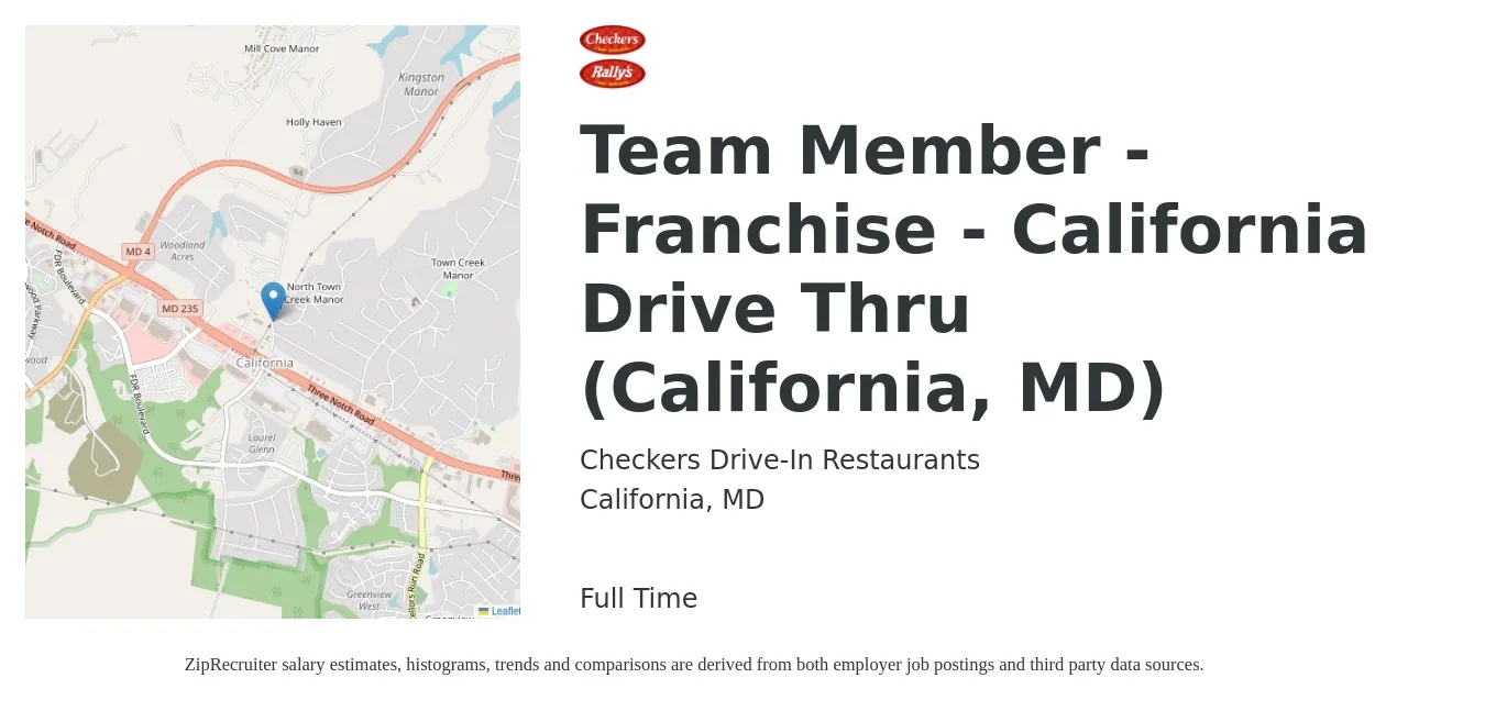 Checkers Drive-In Restaurants job posting for a Team Member - Franchise - California Drive Thru (California, MD) in California, MD with a salary of $12 to $15 Hourly with a map of California location.