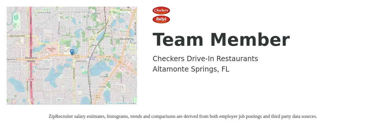 Checkers Drive-In Restaurants job posting for a Team Member in Altamonte Springs, FL with a salary of $11 to $15 Hourly with a map of Altamonte Springs location.