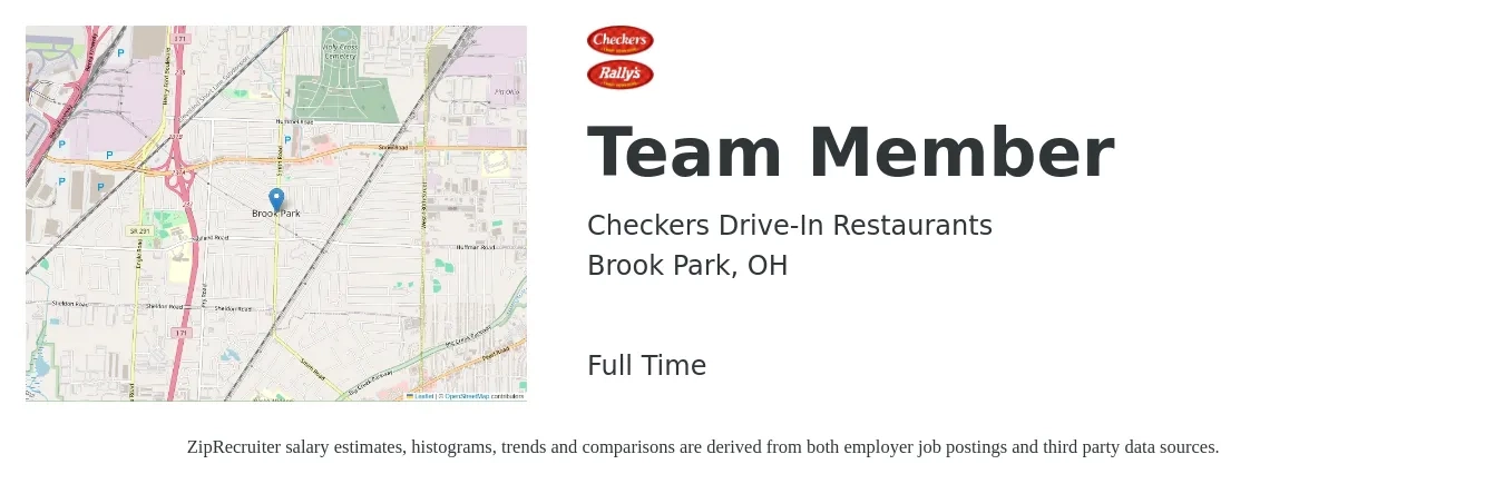 Checkers Drive-In Restaurants job posting for a Team Member in Brook Park, OH with a salary of $11 to $15 Hourly with a map of Brook Park location.