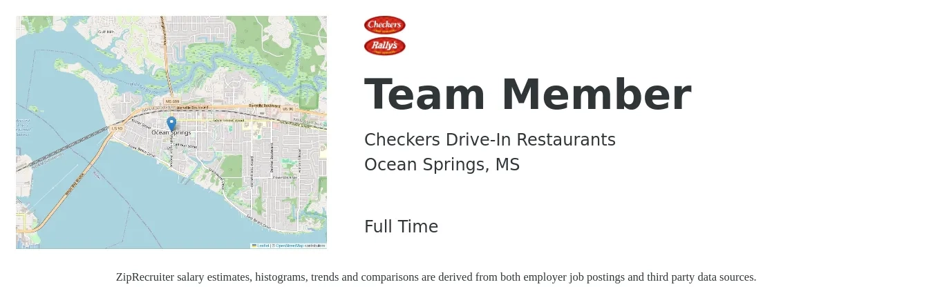 Checkers Drive-In Restaurants, Inc. job posting for a Team Member in Ocean Springs, MS with a salary of $10 to $12 Hourly with a map of Ocean Springs location.
