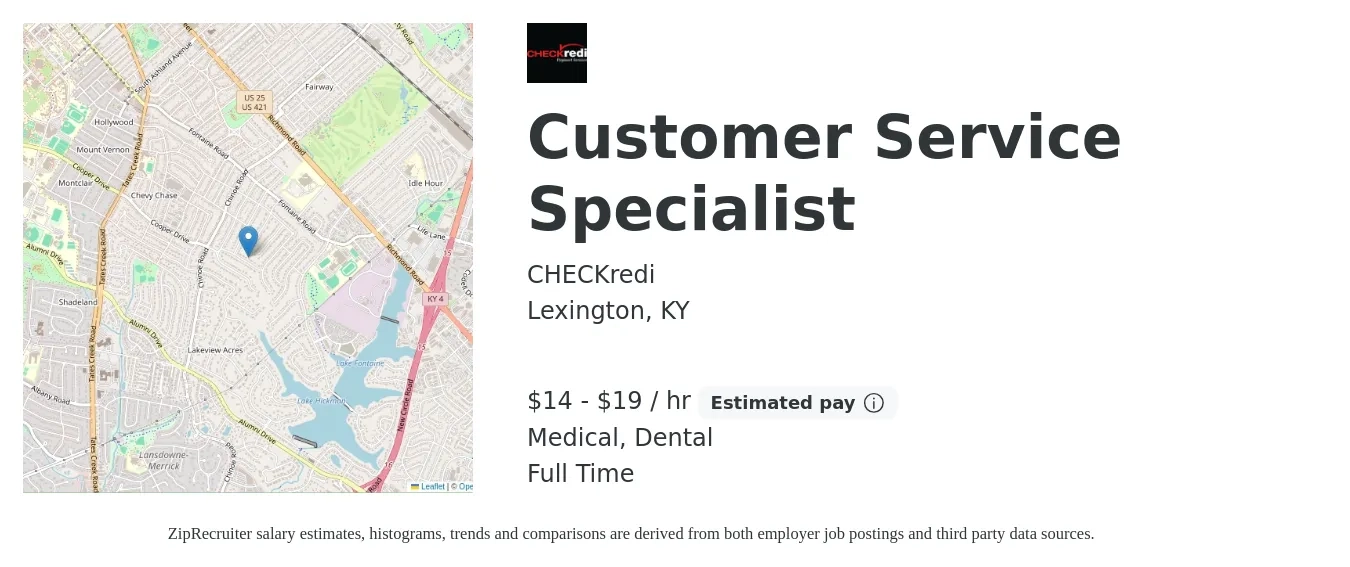CHECKredi job posting for a Customer Service Specialist in Lexington, KY with a salary of $15 to $20 Hourly (plus commission) and benefits including dental, and medical with a map of Lexington location.