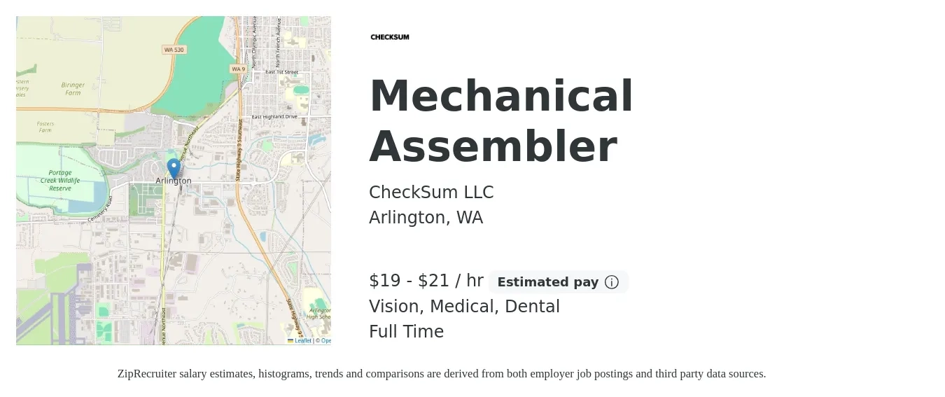 CheckSum LLC job posting for a Mechanical Assembler in Arlington, WA with a salary of $20 to $22 Hourly and benefits including dental, life_insurance, medical, pto, retirement, and vision with a map of Arlington location.