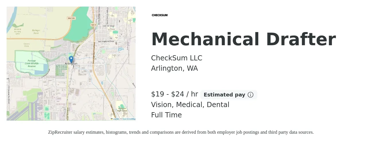 CheckSum LLC job posting for a Mechanical Drafter in Arlington, WA with a salary of $20 to $25 Hourly and benefits including retirement, vision, dental, life_insurance, medical, and pto with a map of Arlington location.