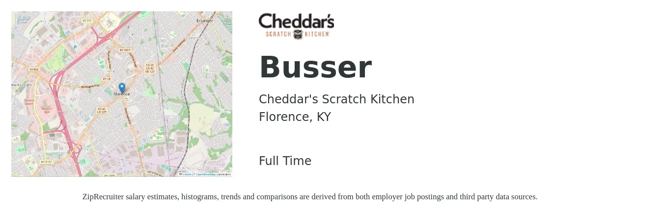 Cheddar's Scratch Kitchen job posting for a Busser in Florence, KY with a salary of $11 to $16 Hourly with a map of Florence location.