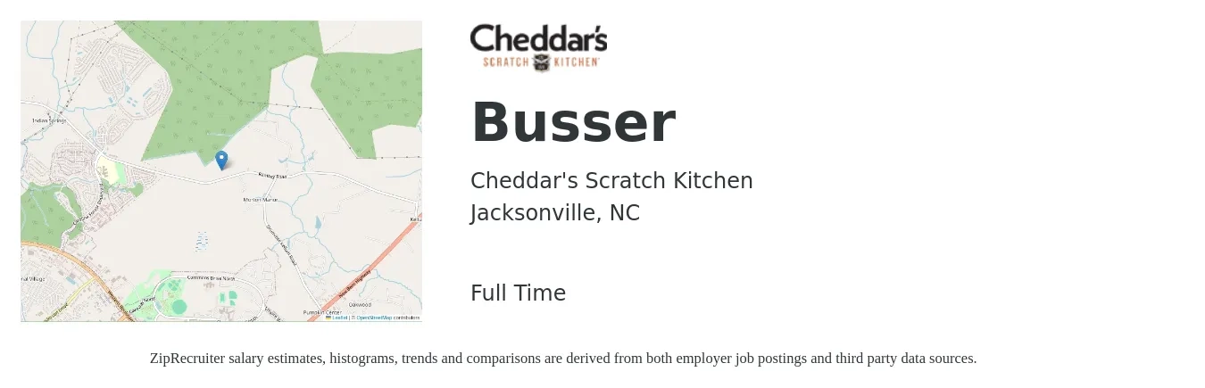 Cheddar's Scratch Kitchen job posting for a Busser in Jacksonville, NC with a salary of $10 to $14 Hourly with a map of Jacksonville location.