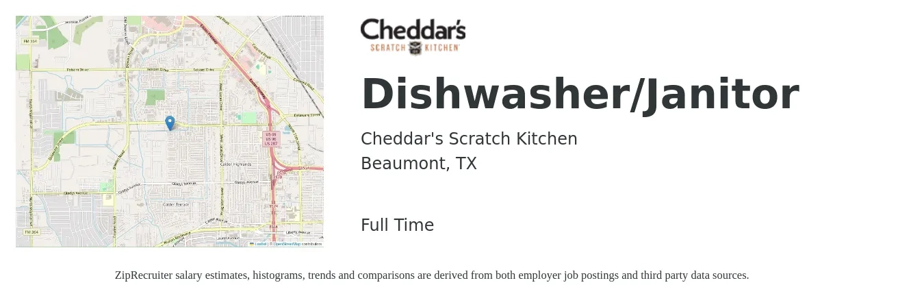 Cheddar's Scratch Kitchen job posting for a Dishwasher/Janitor in Beaumont, TX with a salary of $12 to $16 Hourly with a map of Beaumont location.