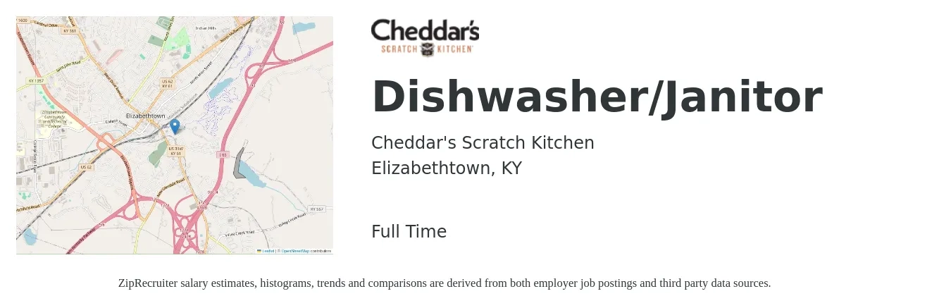 Cheddar's Scratch Kitchen job posting for a Dishwasher/Janitor in Elizabethtown, KY with a salary of $12 to $16 Hourly with a map of Elizabethtown location.