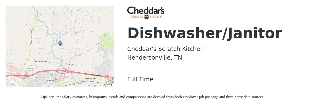 Cheddar's Scratch Kitchen job posting for a Dishwasher/Janitor in Hendersonville, TN with a salary of $12 to $16 Hourly with a map of Hendersonville location.