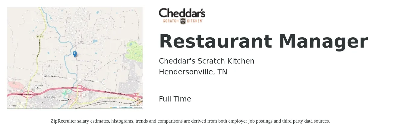 Cheddar's Scratch Kitchen job posting for a Restaurant Manager in Hendersonville, TN with a salary of $41,900 to $59,100 Yearly with a map of Hendersonville location.