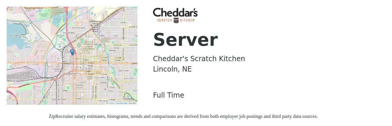 Cheddar's Scratch Kitchen job posting for a Server in Lincoln, NE with a salary of $9 to $16 Hourly with a map of Lincoln location.