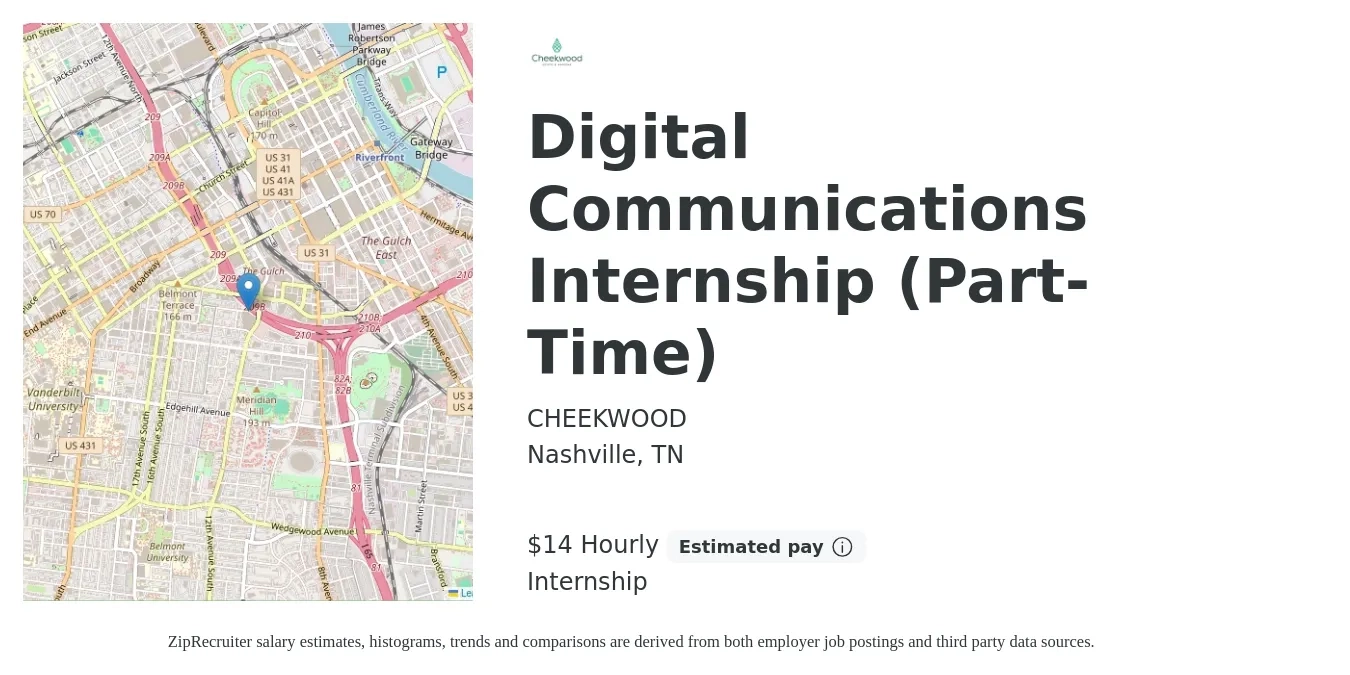 CHEEKWOOD job posting for a Digital Communications Internship (Part-Time) in Nashville, TN with a salary of $15 Hourly with a map of Nashville location.