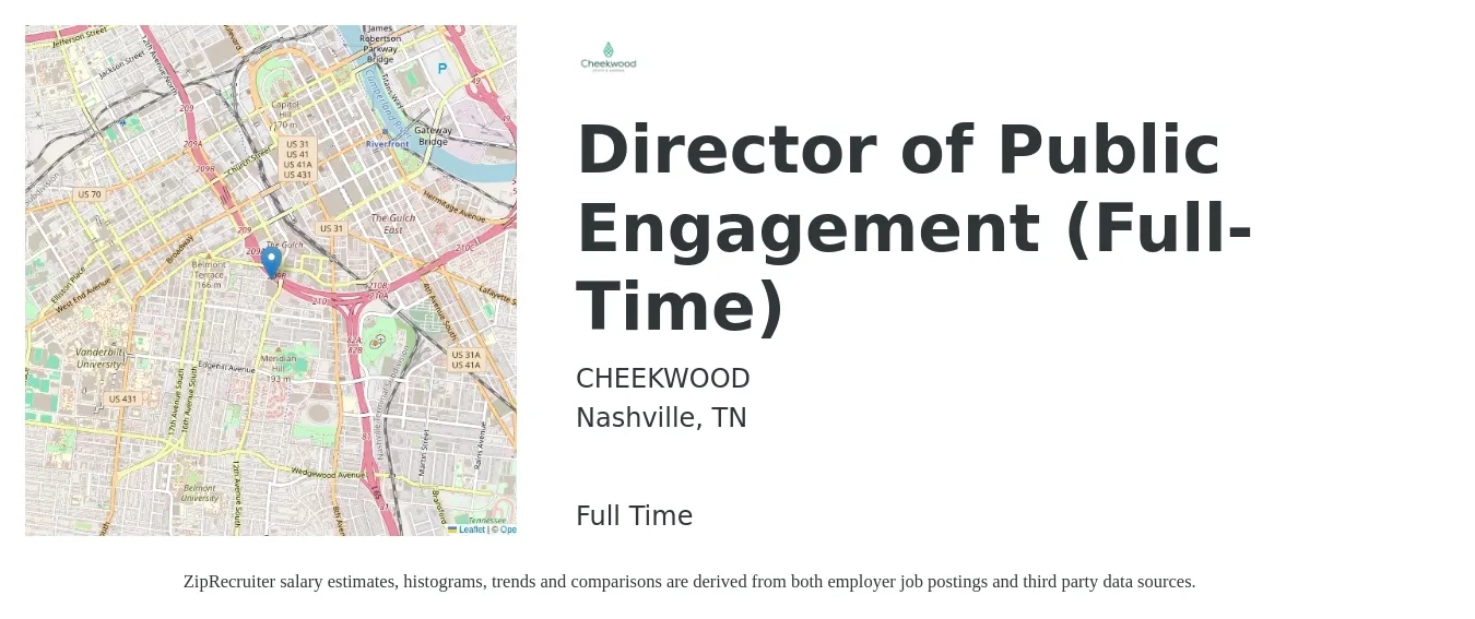 CHEEKWOOD job posting for a Director of Public Engagement (Full-Time) in Nashville, TN with a salary of $58,000 to $106,200 Yearly with a map of Nashville location.