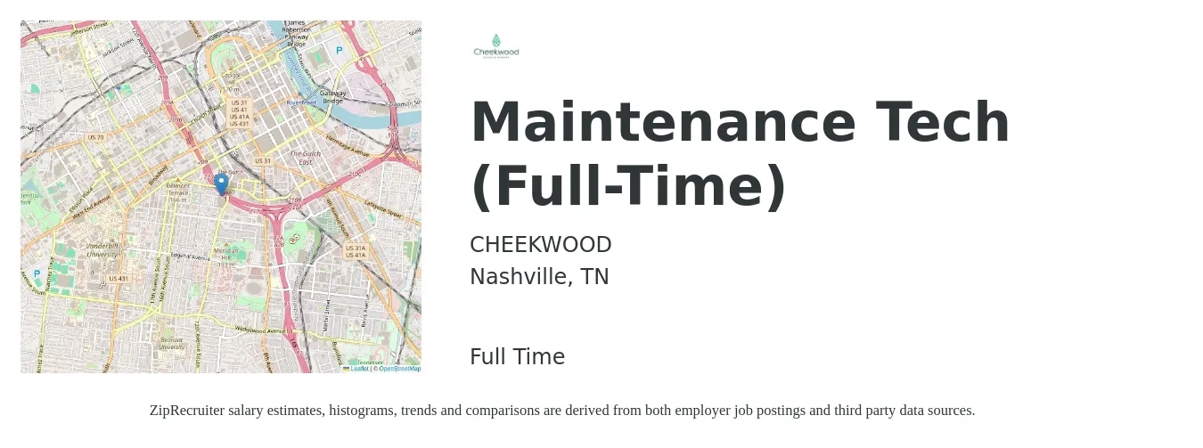 CHEEKWOOD job posting for a Maintenance Tech (Full-Time) in Nashville, TN with a salary of $18 to $26 Hourly with a map of Nashville location.