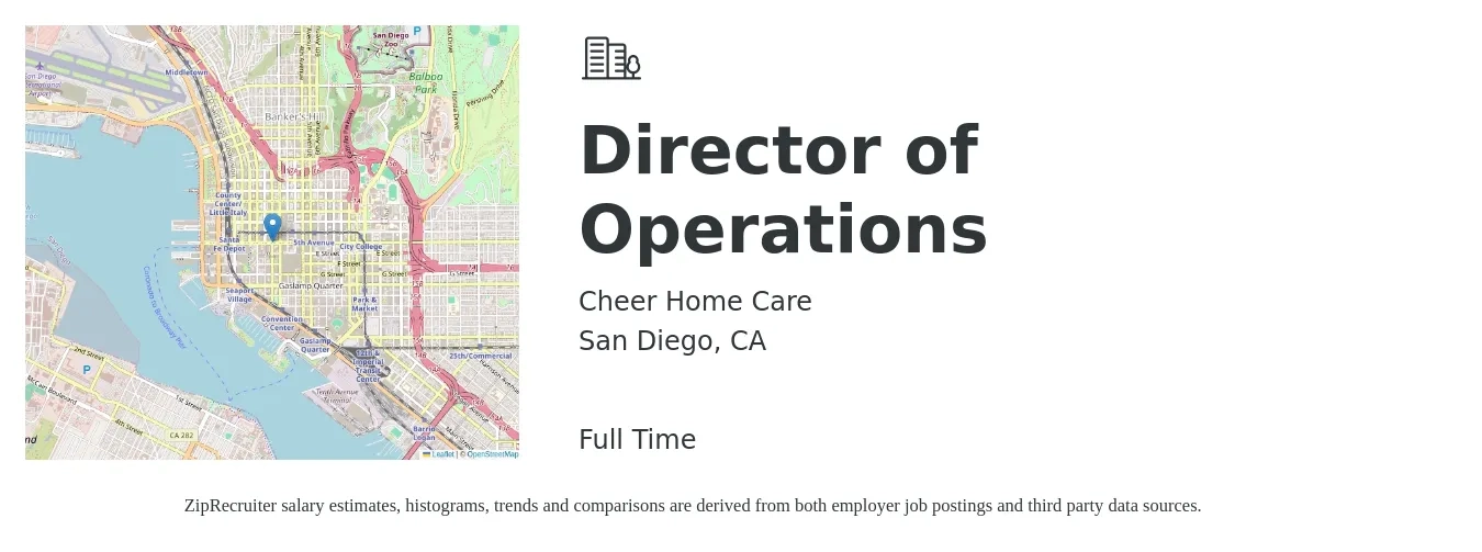 Cheer Home Care job posting for a Director of Operations in San Diego, CA with a salary of $80,000 to $143,500 Yearly with a map of San Diego location.