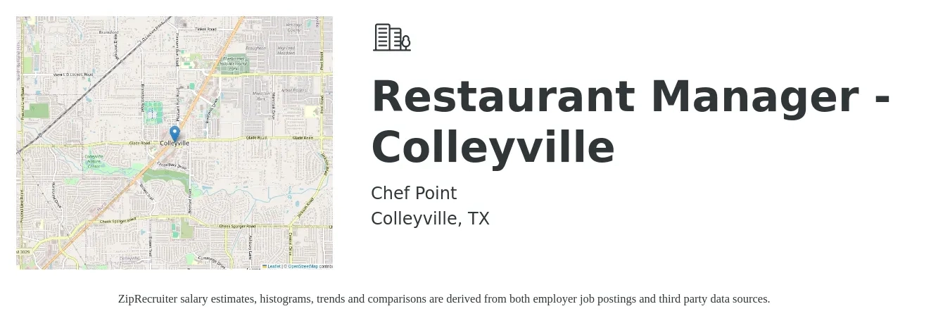 Chef Point job posting for a Restaurant Manager - Colleyville in Colleyville, TX with a salary of $40,100 to $56,500 Yearly with a map of Colleyville location.