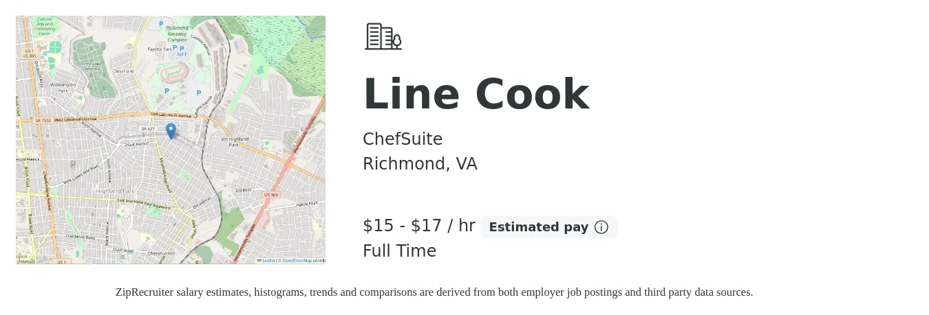 ChefSuite job posting for a Line Cook in Richmond, VA with a salary of $16 to $18 Hourly with a map of Richmond location.