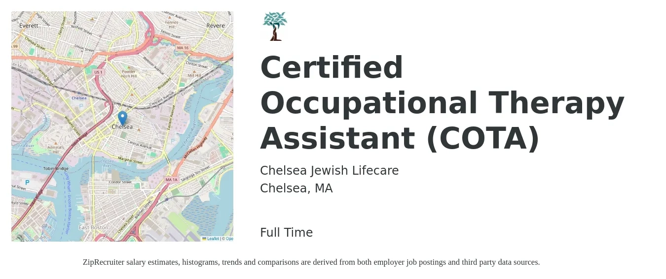 Chelsea Jewish Lifecare job posting for a Certified Occupational Therapy Assistant (COTA) in Chelsea, MA with a salary of $31 to $41 Hourly with a map of Chelsea location.