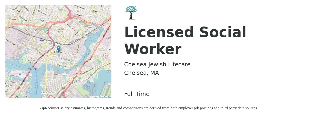 Chelsea Jewish Lifecare job posting for a Licensed Social Worker in Chelsea, MA with a salary of $61,400 to $85,300 Yearly with a map of Chelsea location.