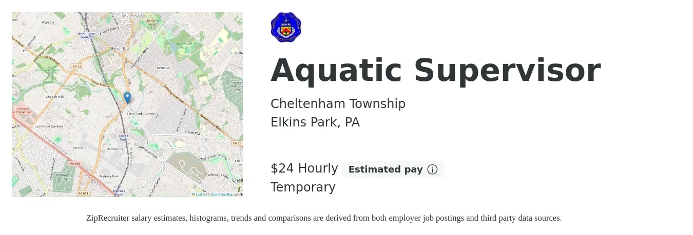 Cheltenham Township job posting for a Aquatic Supervisor in Elkins Park, PA with a salary of $25 Hourly with a map of Elkins Park location.