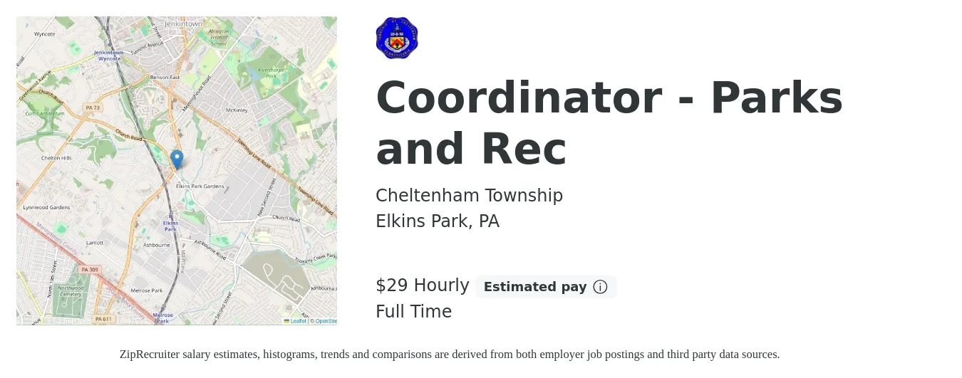 Cheltenham Township job posting for a Coordinator - Parks and Rec in Elkins Park, PA with a salary of $31 to $31 Hourly with a map of Elkins Park location.